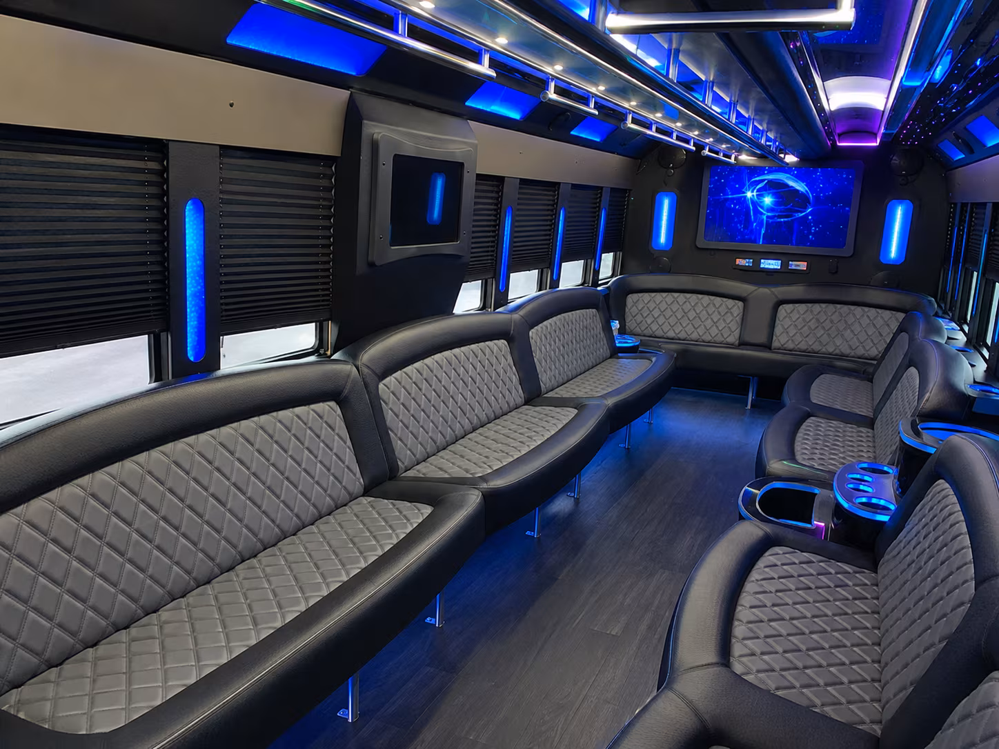 Wedding guests seated inside a party bus serving Rancho Cucamonga