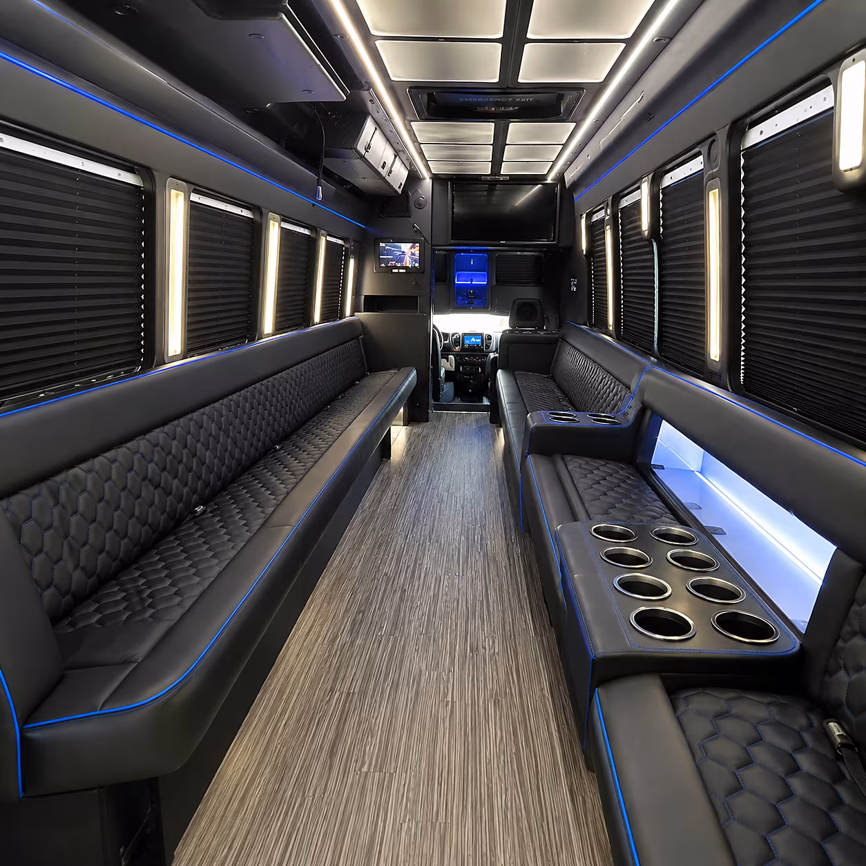 Passenger seating aboard a party bus rental serving Rancho Cucamonga