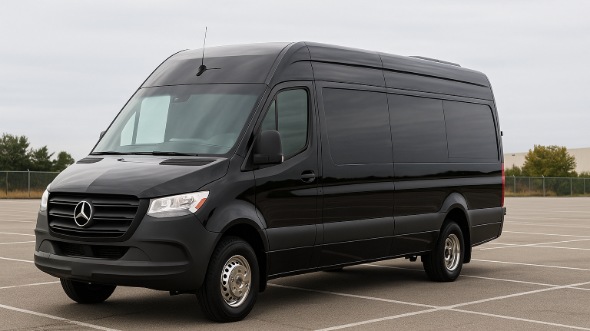 Exterior of Rancho Cucamonga Party Bus Company's 14 Passenger Sprinter Limousine in Rancho Cucamonga
