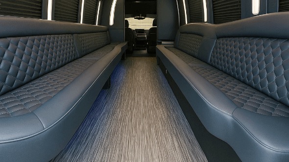 Interior of Charter Bus Company San Bernardino's 40 Passenger Party Bus in San Bernardino
