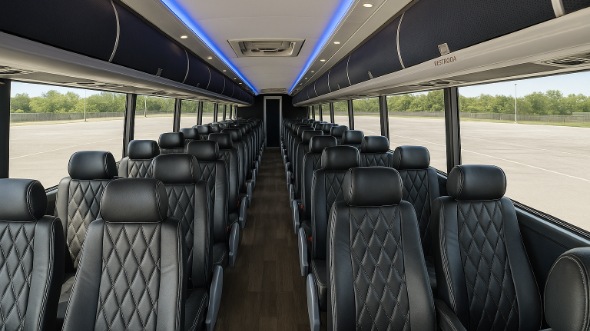Interior of Charter Bus Company Rancho Cucamonga's 54 Passenger Charter Bus in Rancho Cucamonga