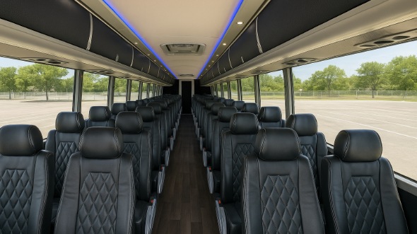 Interior of Charter Bus Company Rancho Cucamonga's 56 Passenger Charter Bus in Rancho Cucamonga